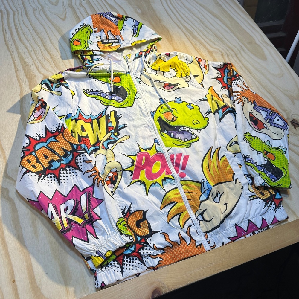 Members Only x Nickelodeon Rugrats Windbreaker Jacket Mens Large White Reptar